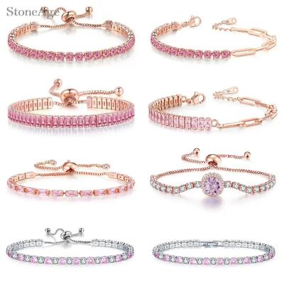 Roze Kristallen Tennis Armbanden voor Vrouwen Vrouw Trend Romantisch Glanzend Zirkonia Verstelbare Opvouwbare Gesp Ketting om de Hand Sieraden