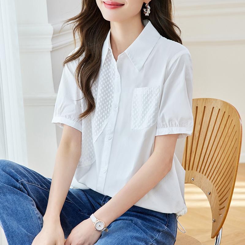 

Summer Cotton Lapel Short-sleeved Shirt Women s Thin Age-reducing Commuter Versatile Top XXL білий