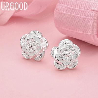 925 Sterling Silver Rose Pierced Earrings Wedding Fashion Jewelry