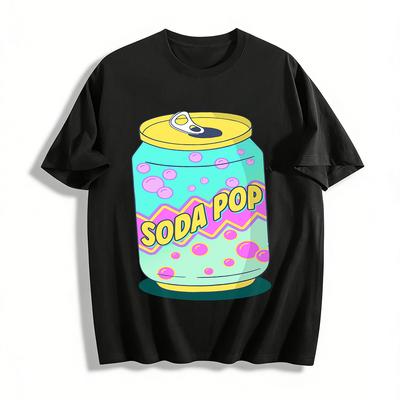 Vintage Soda Pop Print Short Sleeve T-Shirt Unisex Casual Street Style Loose Crew Neck Top Pure Cotton T-shirt