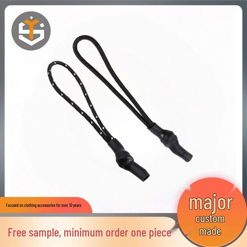 

In Stock Zipper Puller with Heat Shrink Tube, Injection Molded Pull Tab, Tail Rope, and Hanging Rope for Casual Clothing and Luggage. Black Heat Shrink Tube