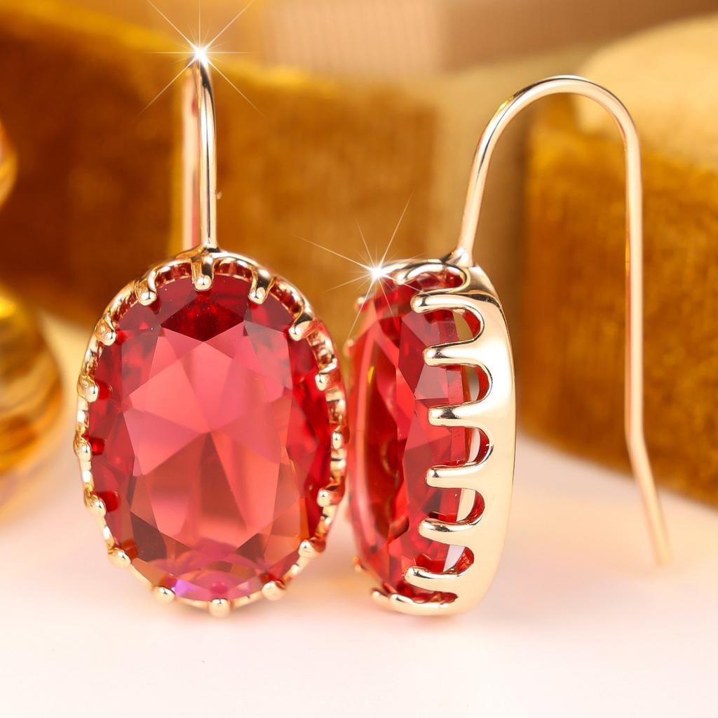 Big Oval Stone Rose Red Crystal Zircon Dangle Earrings for Women Vintage Gold Color Long Hook Drop Earring Wedding Jewelry Gifts