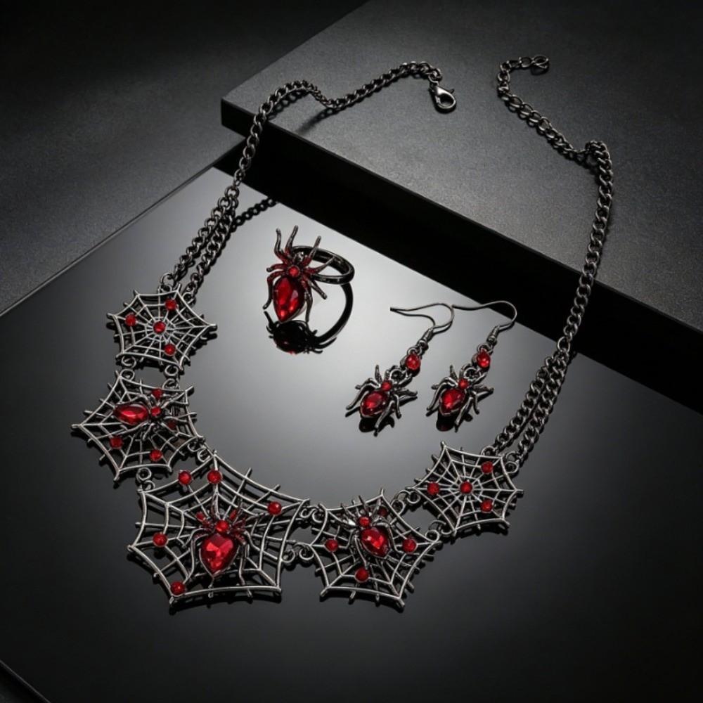 3pcs Zinc Zinc Zinc Alloy Black Spider Necklace Earrings Ring Set Punk Hollow Necklace Dark Theme Events