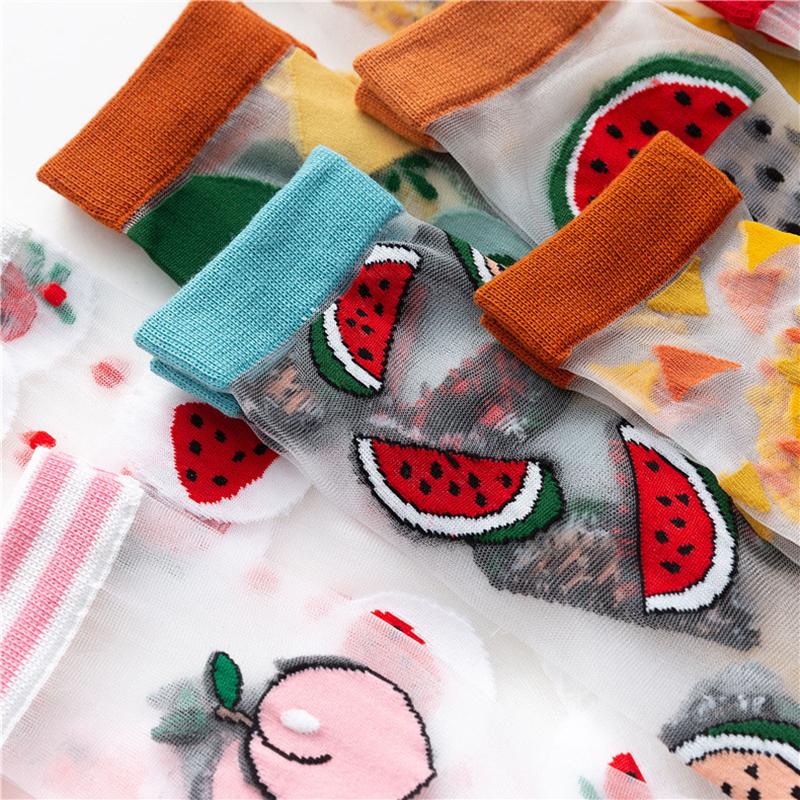 Women Thin Transparent Socks Crystal Glass Silk Socks Ladies Sweet Fruit Strawberry Avocado Peach Watermelon Summer Mesh Socks