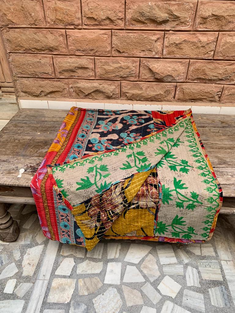 Hand-Stitched Floral Kantha Quilt: Reversible Indian Cotton Throw