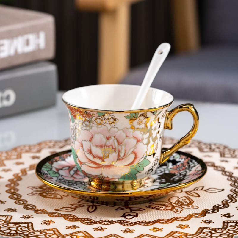 Luxurious 220ml Gold-Plated Porcelain Coffee Cup & Saucer Set with Spoon – Elegant Floral Design