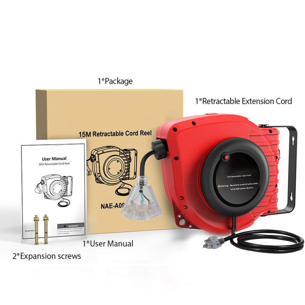 Retractable Extension Cord Reel 50FT+4.5 (15+1.5M) Electrical Power Cord Reel 14AWG 13A 3C SJT with