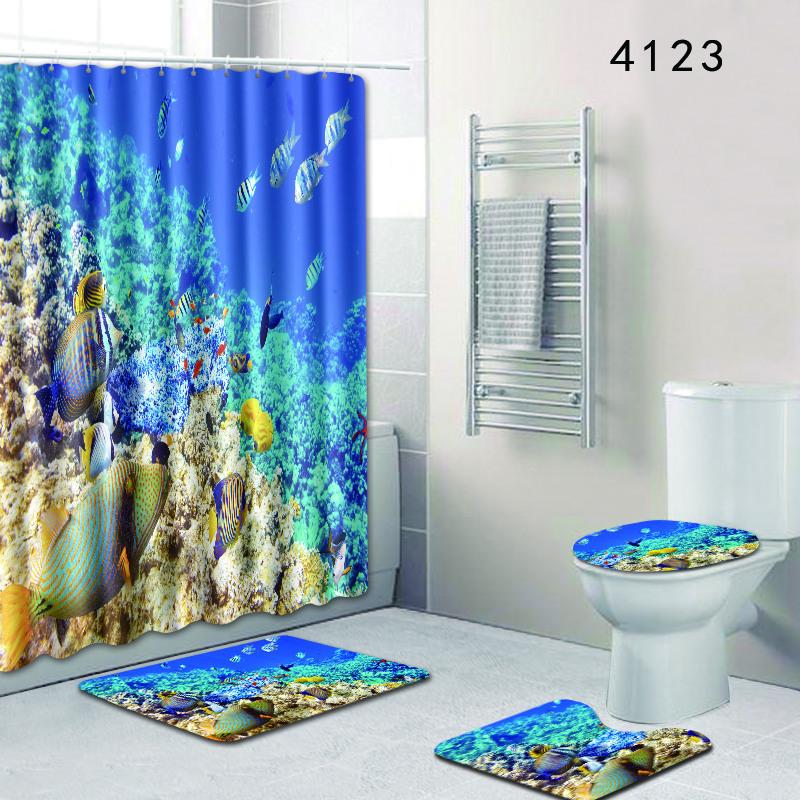 Undersea Landscape Bathroom Shower Curtain Floor Mat Toilet Cover Foot Pad Four-Piece Pattern Size Fixed Zhi