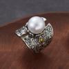 Vintage Copper Color Imitation Pearl Ring For Women Retro Carved Pattern Open Wide Band Ring Bohemian Gothic Statement Jewelry