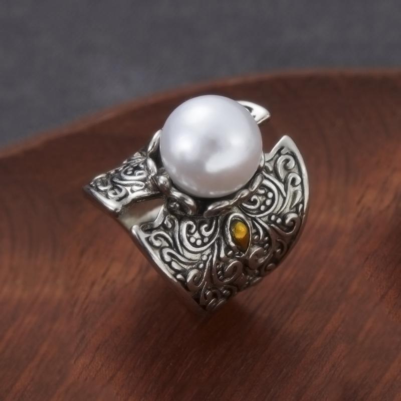 Vintage Copper Color Imitation Pearl Ring For Women Retro Carved Pattern Open Wide Band Ring Bohemian Gothic Statement Jewelry