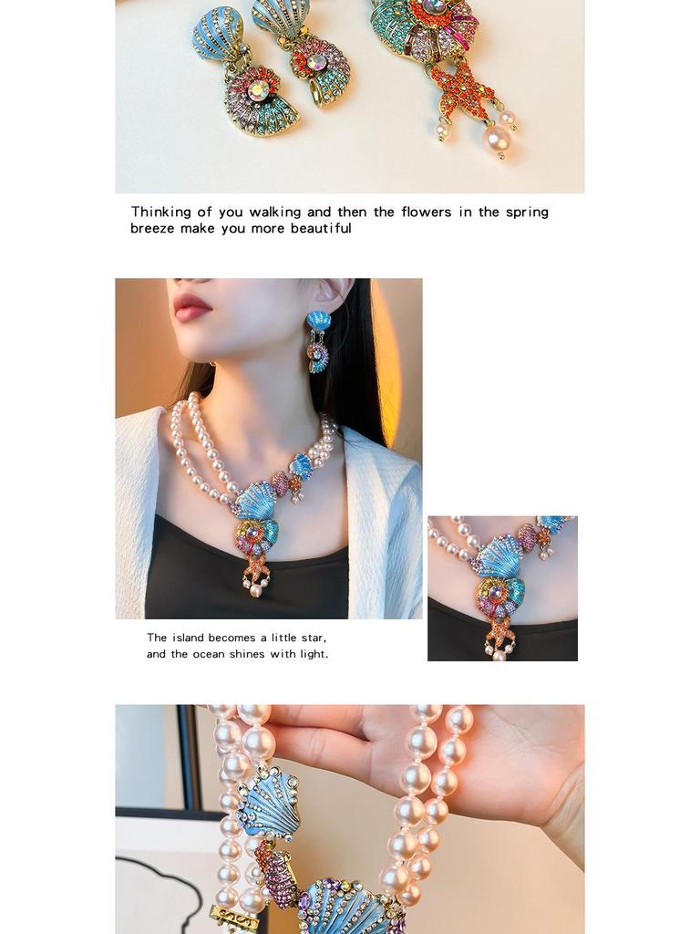 Vibrant Rhinestone Pearl Necklace & Marine Life Tassel Earrings Set