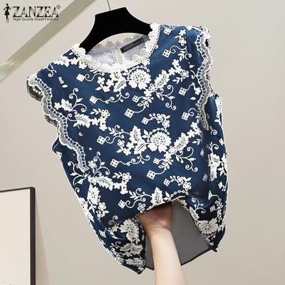 Women Casual Round Neck Sleeveless Lace Printed Tanks