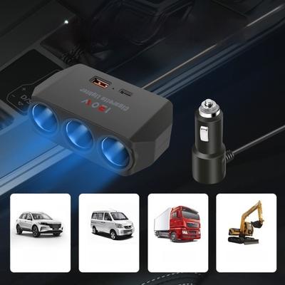 120W Car Charger with 3 USB Ports and 3 Power Sockets for QC3.0 Fast Charging Compatible with 12V 24V Vehicles Black
