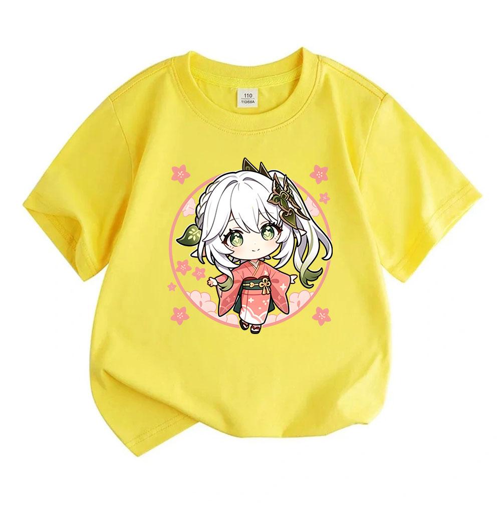 Kids Boys Girls Casual Short Sleeve O-neck 100% Cotton T-shirt Cute Chibi Nahida In Kimono Print Soft Breathable Tees For Spring Summer Daily Wear Gif