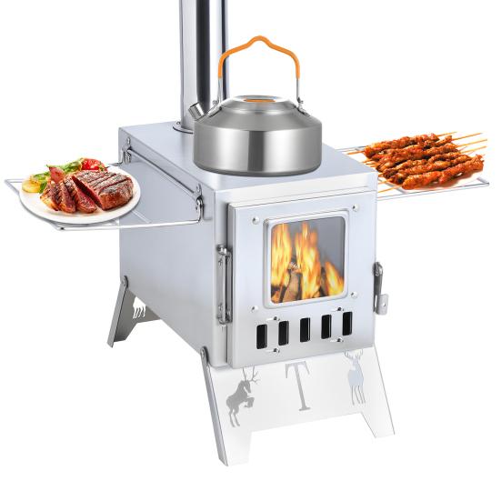 Wood Burning Stove with 5 Pipes Accessories, Visible Window Side Panels Heating Cooking Hot Tent Stove, Large Firebox Stainless Steel Stove for