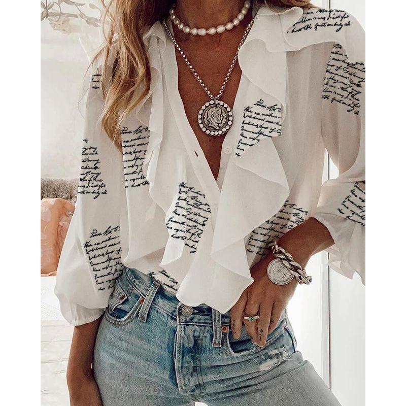 

European and American Shirts Amazon 2025 Cross-Border Supply European and American Women s Clothing Chiffon Shirt V-Neck Long-Sleeved Top Letters M