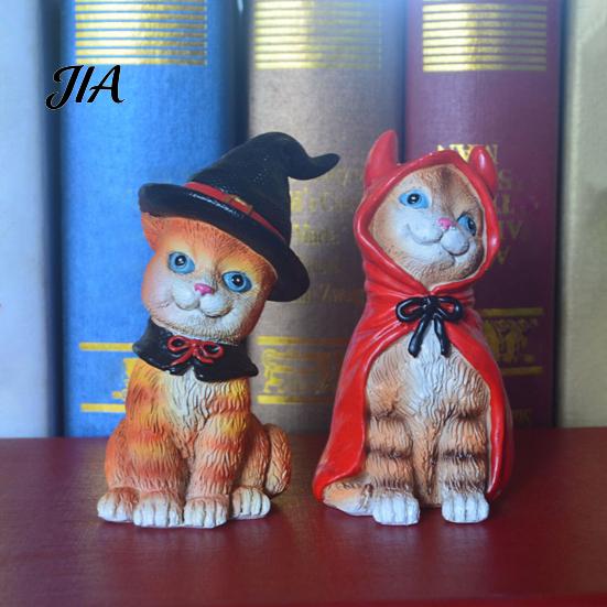 Shelf Decor for Cat Lovers Halloween Figurine, Resin Miniature Statue, Desktop Animal Ornaments Collectibles with Witch Hat/Cloak/Pumpkin Lamp Design