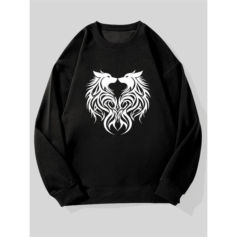 Men's White Wolf & Howling Wolves Print Sweatshirt - Navy Blue Loose Fit Casual Pullover
