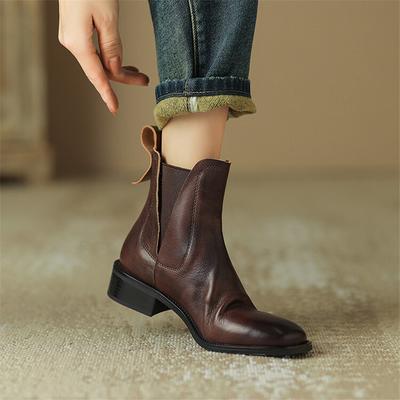 Fashion Genuine Leather Short Boots Autumn/Winter Women Shoes Round Toe Chunky Heel Boots for Women Fashion Retro Ankle Boots Handmade