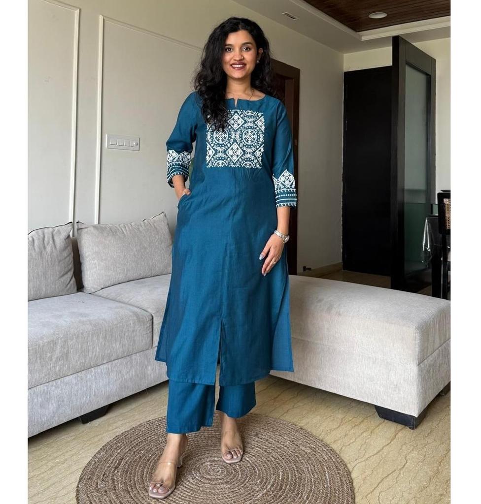 Women Designer Embroidered Kurta Pant Set Indian Bollywood Top Tunic Cotton Kurti Salwar Suit