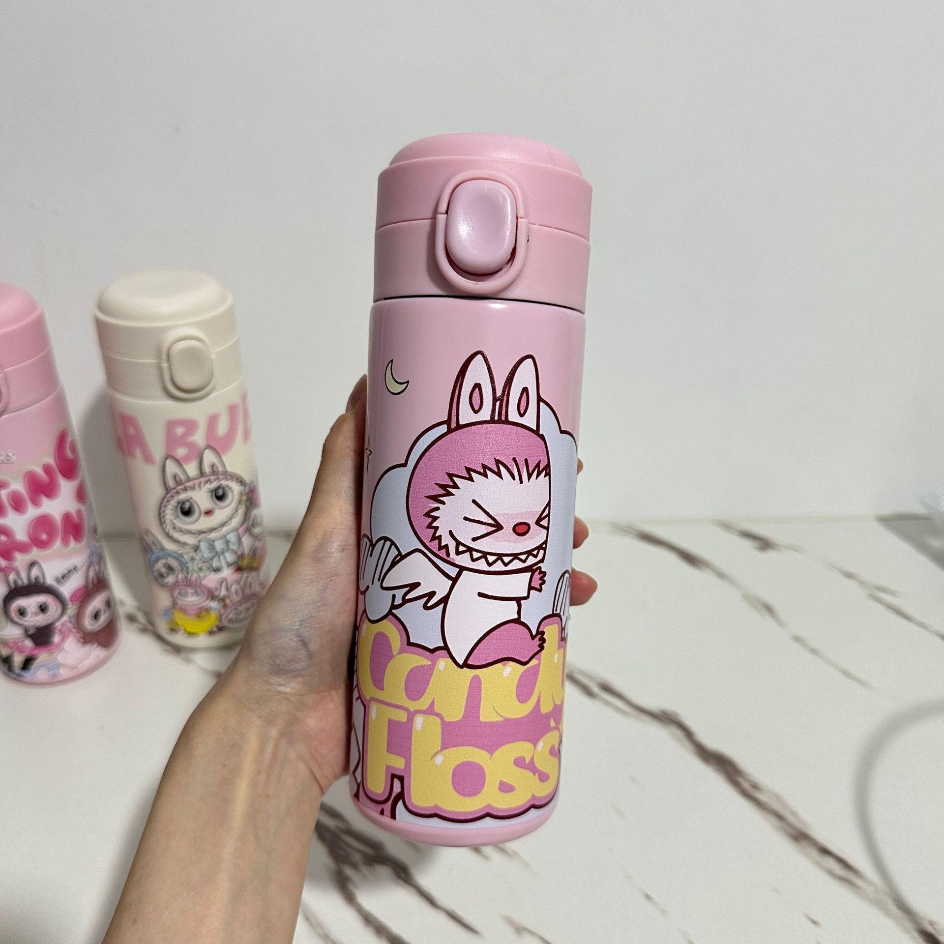 

Cartoon Thermos Cup Elastic Buckle Cup 304 Stainless Steel Vacuum Pea Cup Convenient for Home Use 420ml персиковый