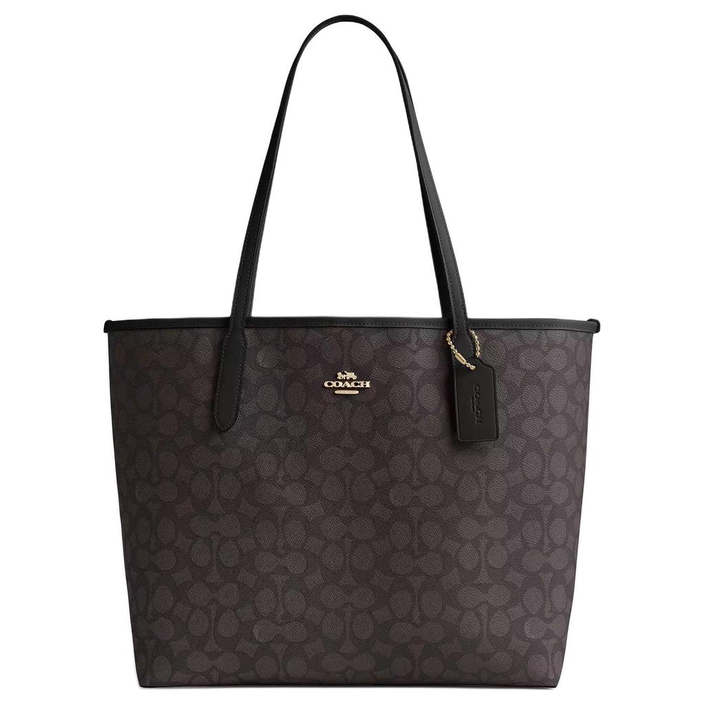 Coach City 33 Logo Plakette Magnetverschluss Tragetasche Damen-Tote Schwarz Braun CV976-IMXAQ