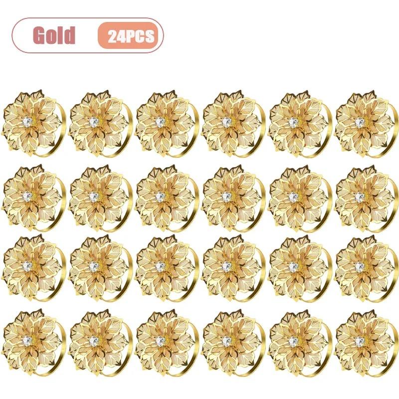 1-24PCS Gold Mesh Flower Napkin Ring Metal Elegant Table Decor for Wedding Party Banquet Dining Table Accessories