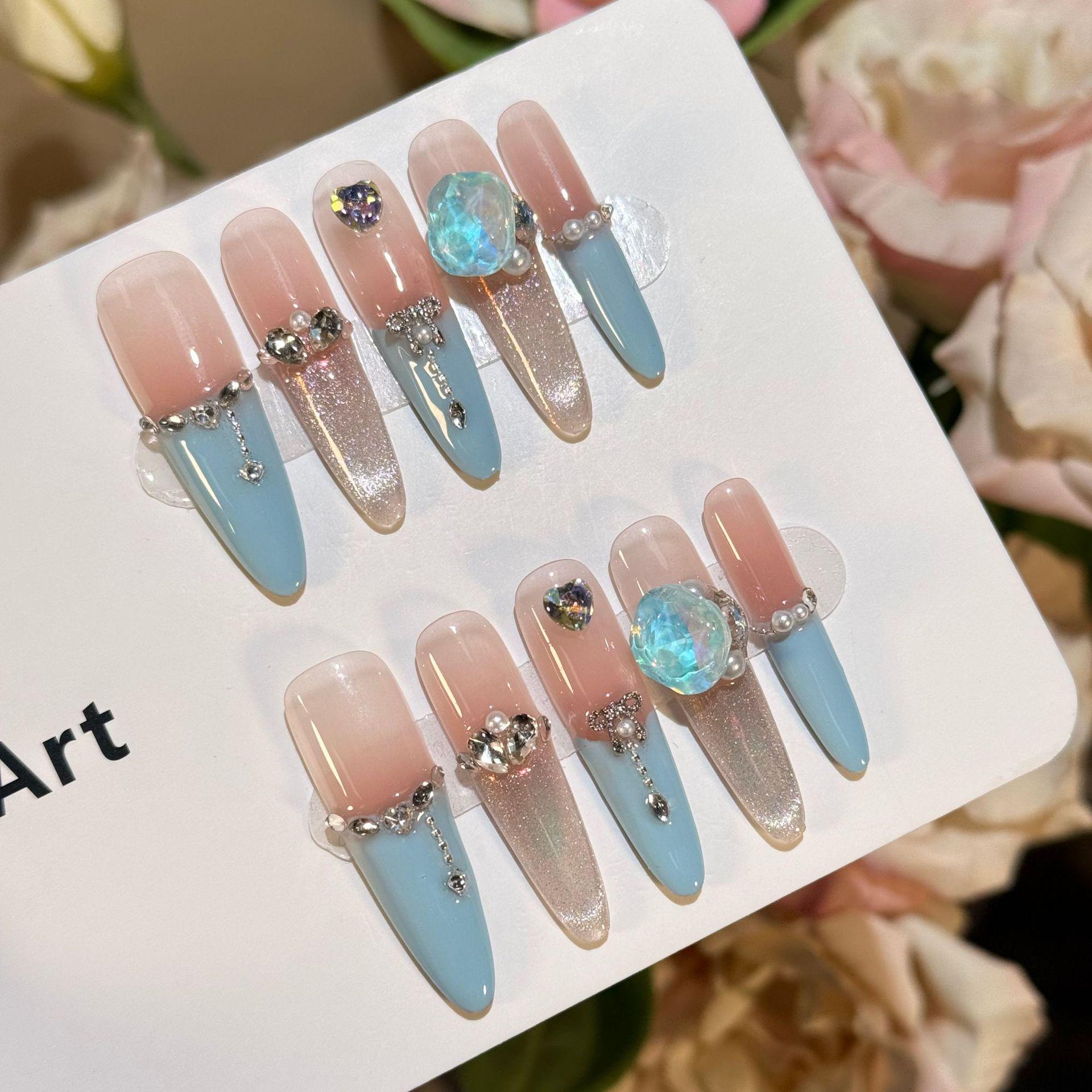 

High-End Blue French Color Block Aurora Cat Eye Candy Blue Diamond Handmade Press-On Nails