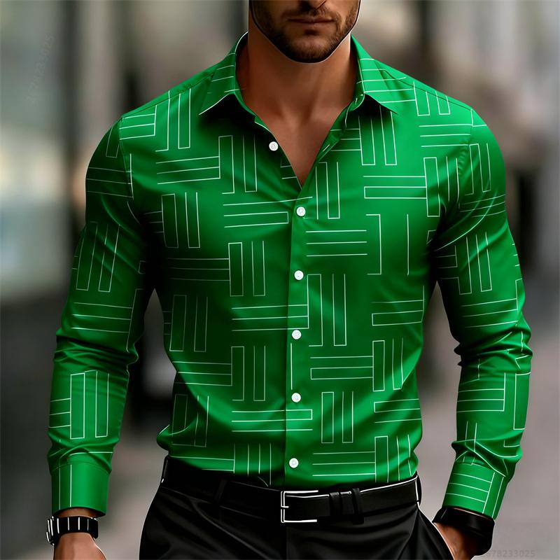 Men's Casual Long-Sleeve Slim Fit Black Geometric Pattern Breathable Versatile Formal Shirt Fashion Outdoor Men's Top