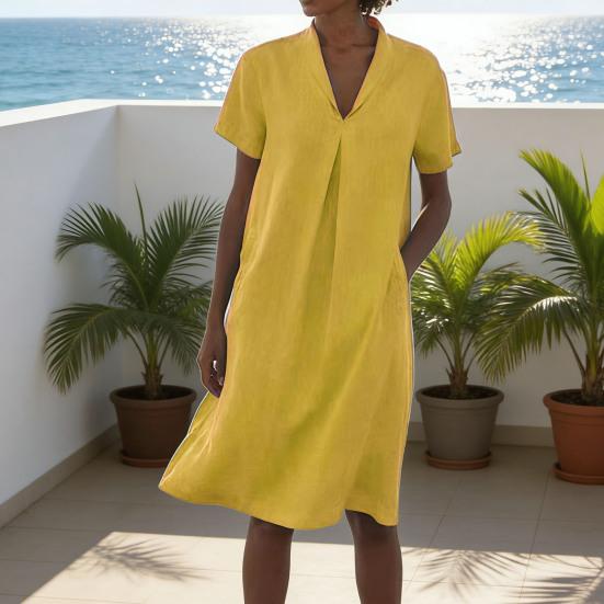 Summer Midi Dress for Women Casual Short Sleeve Flowy Sundress Loose Fit V-Neck Beach Vacation Outfits with Pockets