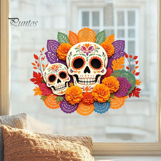 Waterproof Vinyl Graphics Day of The Dead Window Static Sticker, Flower Skull Decorative PVC Removable Home Ornament Decals, Halloween Glass