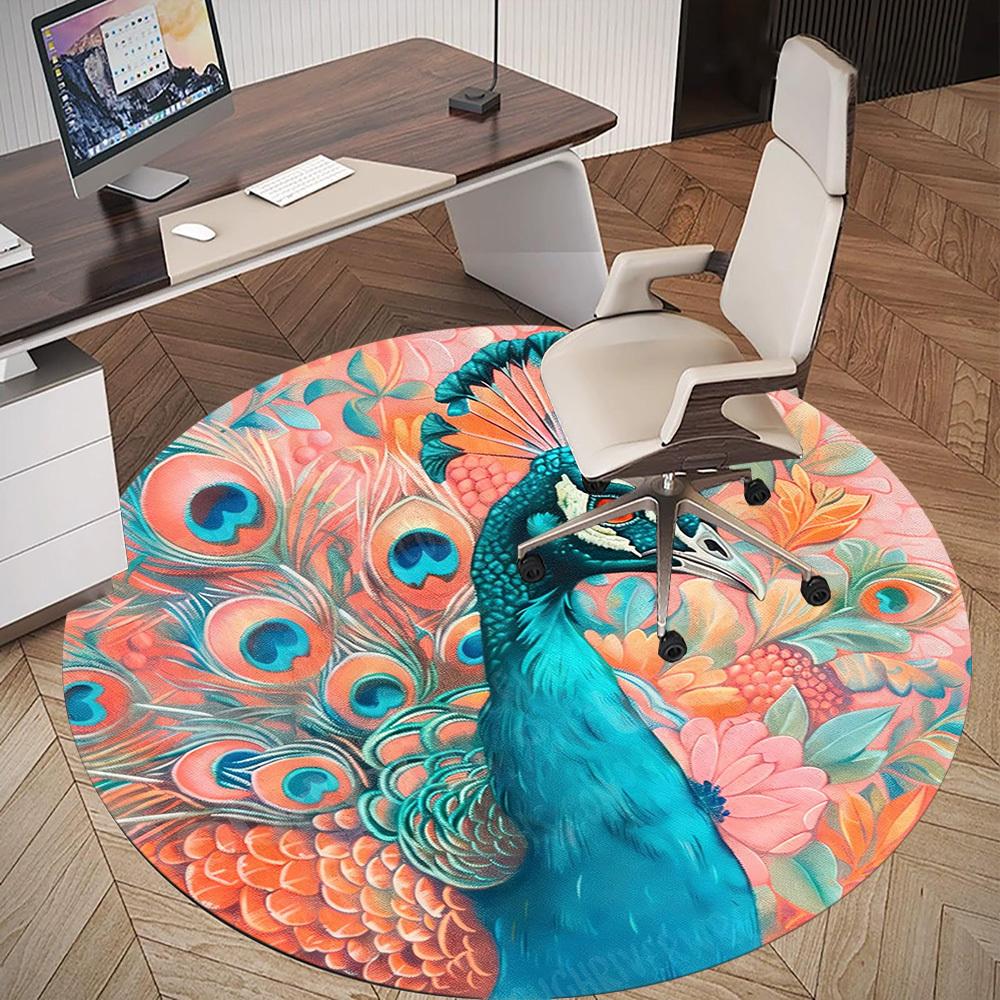 1PC Peacock Flowers Office Round Area Rug, Under Office Chairs Bedroom Living Room Home Decor,Carpet for Office, -1110173