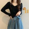 Pure Shoulder Shoulder V-neck Black Knitted Sweater Women's Autumn New Short Small Internet Celebrity