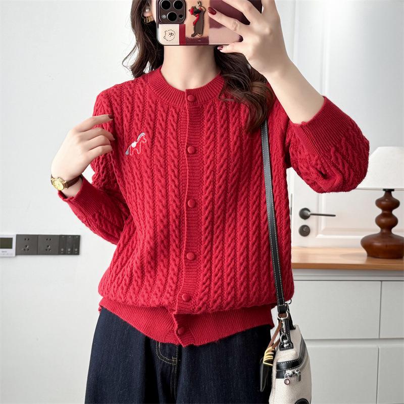 2026 Spring Plus Size Women s Jacquard Cardigan: Fashionable Round Neck Knitwear Slimming Top XL