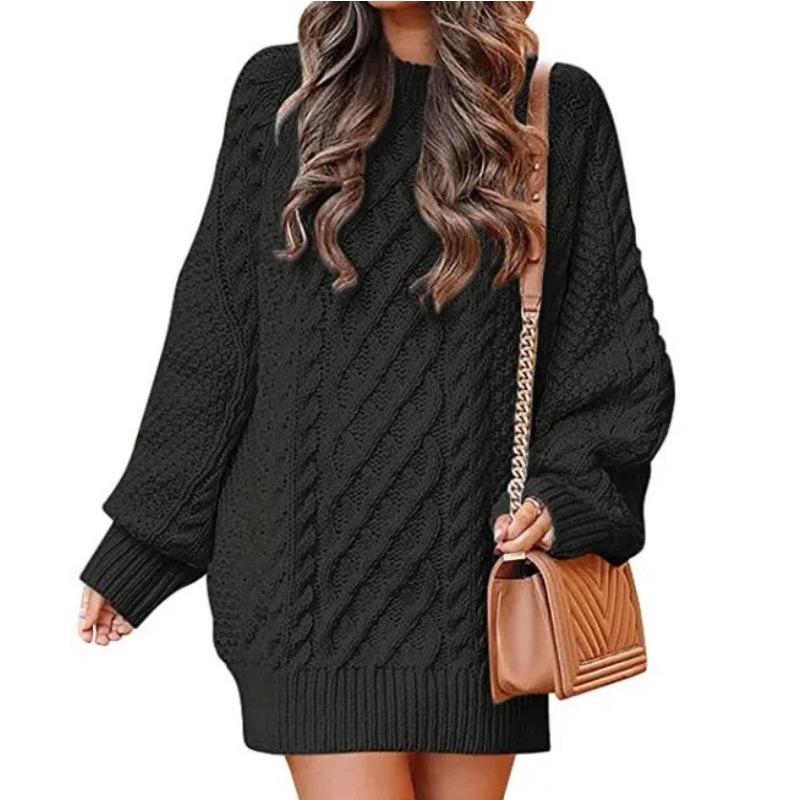 2025 New Women's Oversized Chunky Knit Dress | Cable Crew Neck Long Sleeve Sweater | Warm Mid-Length Pullover for Winter AW25 Fashion (S-3XL)