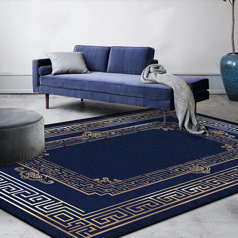 Modern Luxury Decoration Home Blue Carpet Golden Border Non-slip Living Room Rugs Soft Washable Sofa Table Mat Bedroom Decor