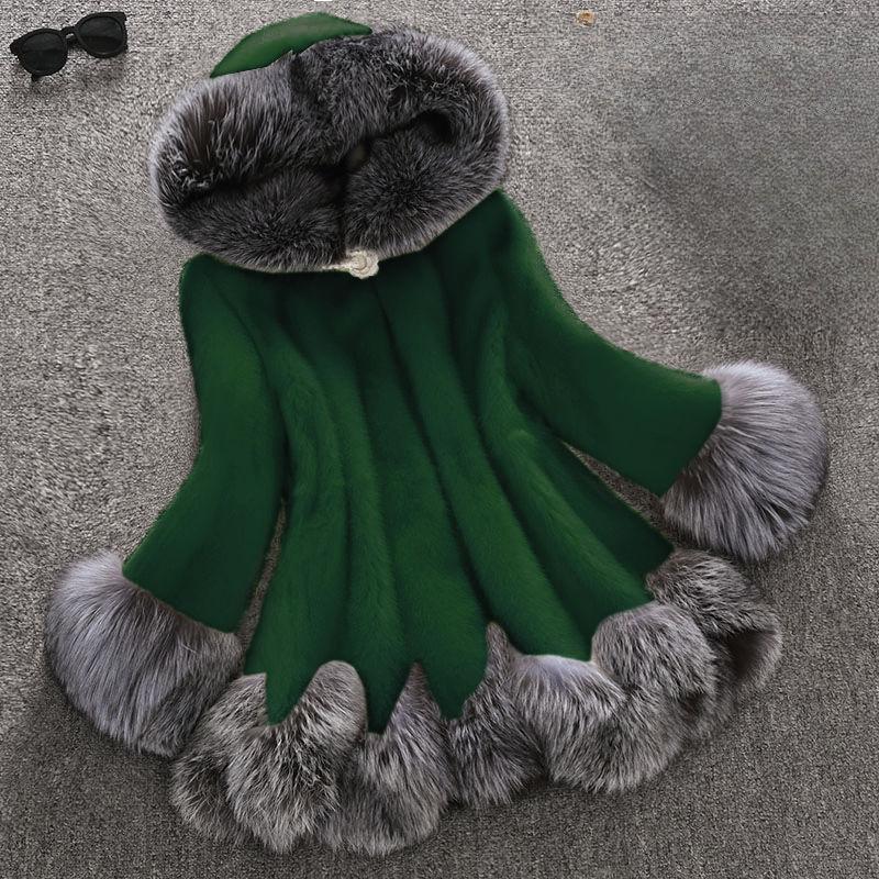 Höst och Vinter Plus Size Pälsrock Rock Dam Mellanlång Minkhår Rävpäls Krage Imitationspäls Damrock