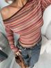 2025 Women's Color Block Stripe Off-the-Shoulder Asymmetrical Long Sleeve Top