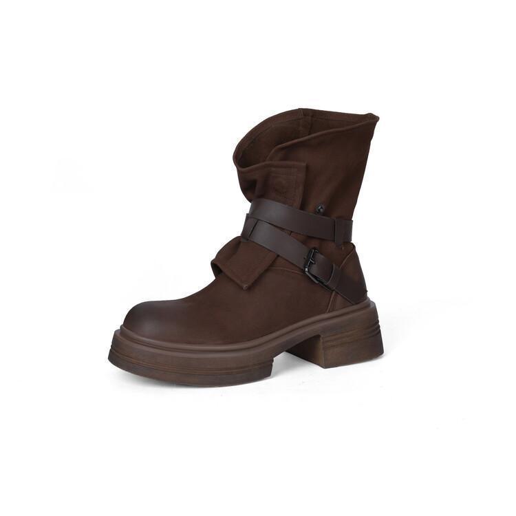 Brand Heavy British Retro Genuine Leather Lace-Up Martin Boots, Chunky Mid-Heel Ankle Design for Women