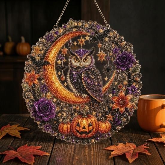Halloween Diamond Painting Kits Ghost/Owl Art Hanging Ornament Kit, Festive Window Decorations Suncatcher, DIY Pendant Decor Indoor Holiday Decorative