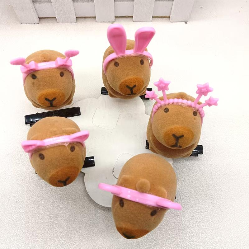 5Pcs Pink Headband Capybara Flocking Hairpin Cartoon Animal Spring Hair Clip Lovely Headwear Hair Accessories Party Favors