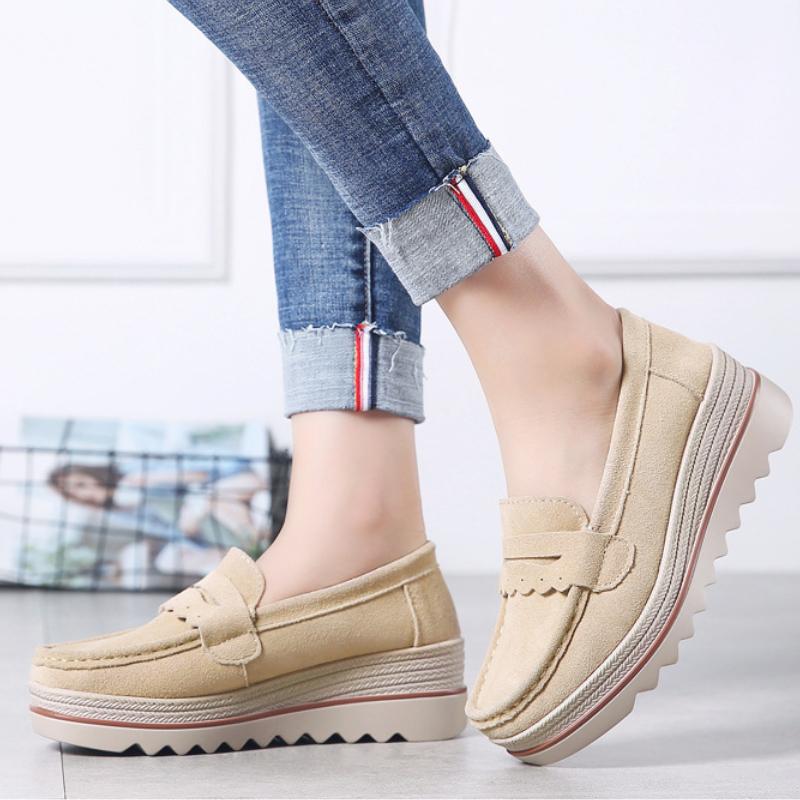 Dámské mokasíny z pravé kůže s plyšovou podšívkou, elegantní boty na platformě, nazouvací, ležérní boty pro matky, módní rockerky