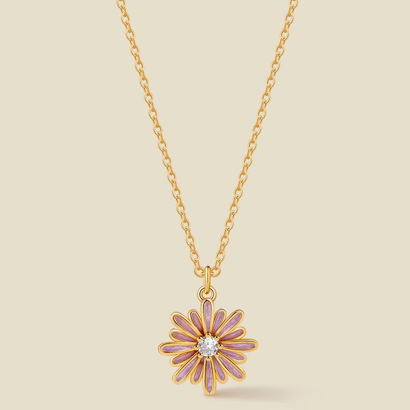 Gold Plated Pink Enamel Daisy Pendant Necklace