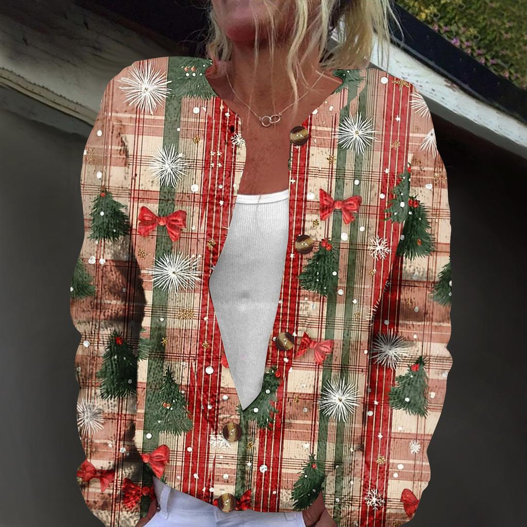Women's Fashion Christmas Print Long Sleeve Knitted Cardigan Button Jacket