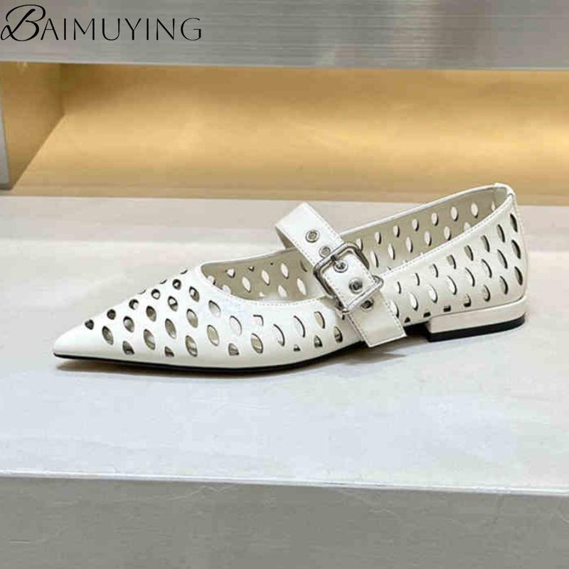 Spitze Zehenpartie Ausgeschnittene Sandalen Damen Mary Janes Schuhe Niedrige Absätze Sommer 2025 Trend Flach Klobig Leder Schnallenriemen Kleid Party