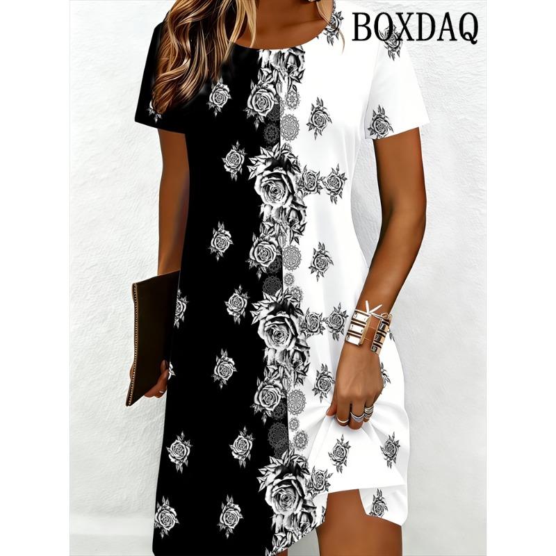 Vintage Dresses For Women Summer Casual Short Sleeve Loose Flowers Print Dress Women Beach Mini Fashion Clothing Robe Femme