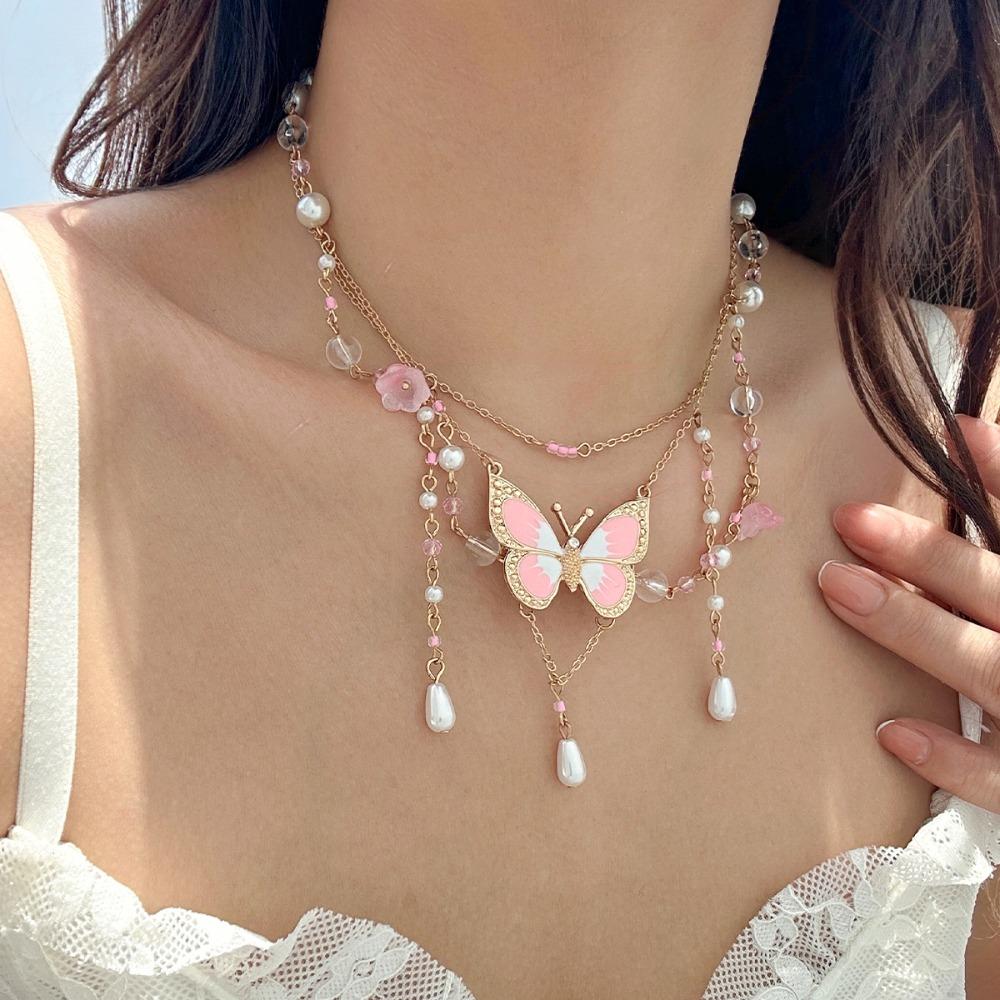 Pearl Butterfly Pendant Necklace Rhinestone Beads Chain Choker Trendy Multilayer Necklace  Gifts
