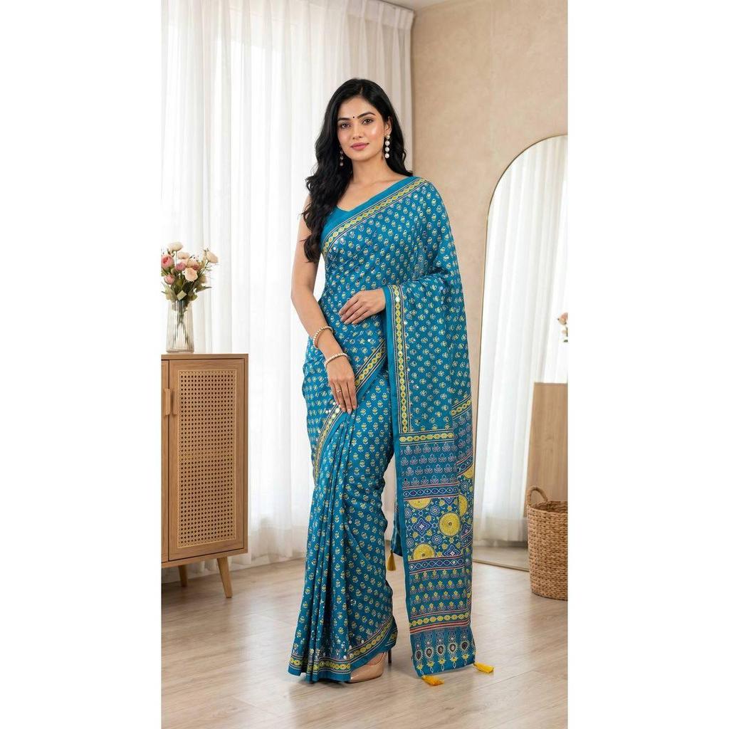 New Top Hot Trending Ajrakh Print Saree