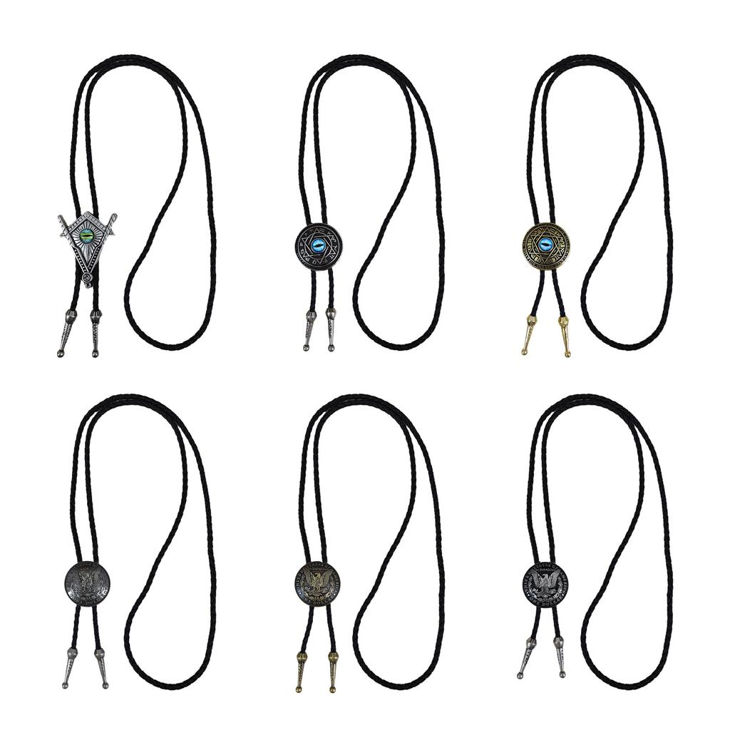 Handcrafts Faux Leather Bolo Tie Necklace Western Cowboy Jewelry Devil Eye Eagle Totem Pendant Necktie for Men and Women