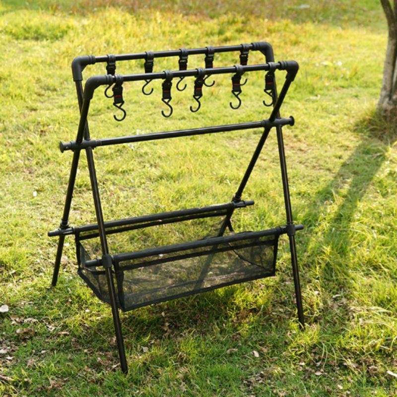 Camping Triangle Shelf Aluminum Alloy Folding Double-Layer Large Capacity with Hook Net Bag Outdoor Glamping Picnic Hanging Rack